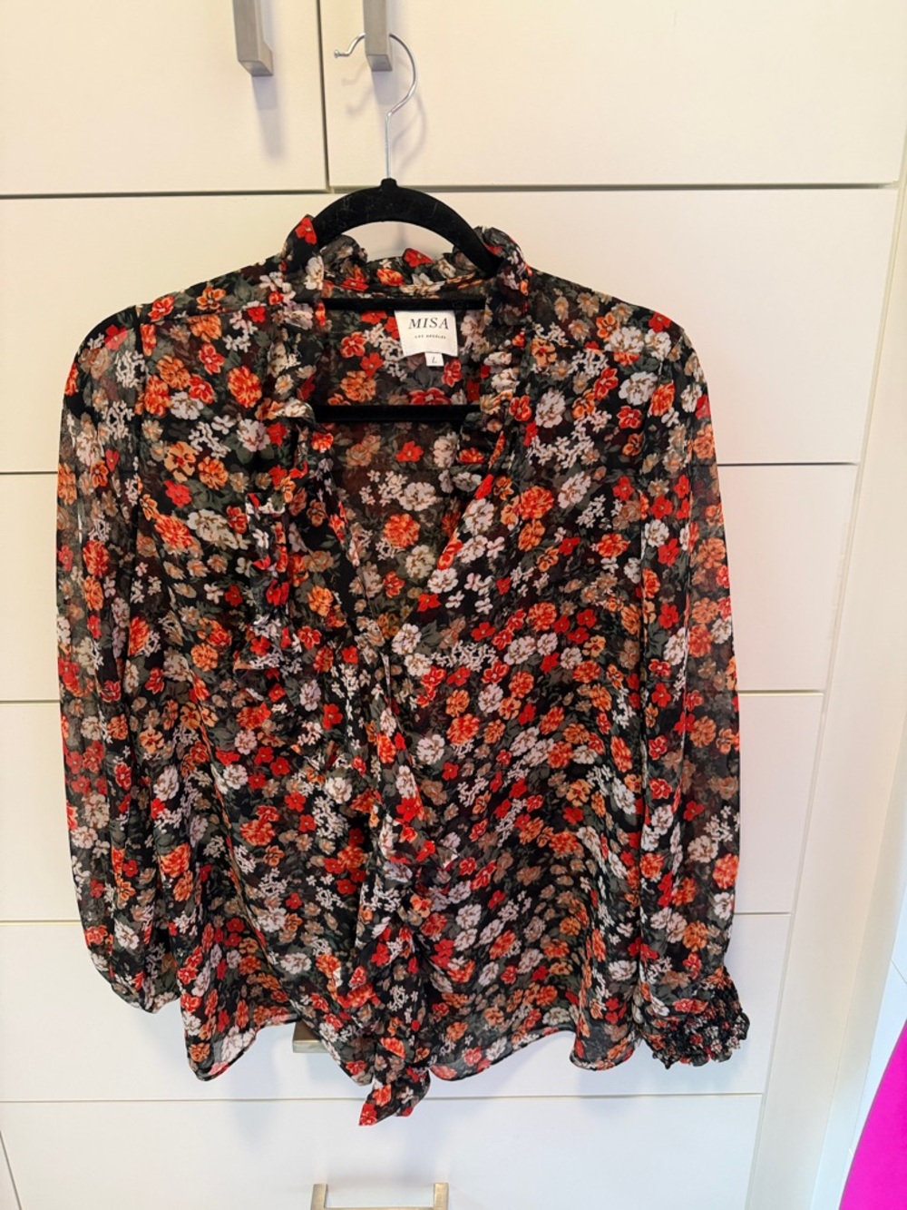 Misa Los Angeles Black Floral Tie-Neck Blouse with Red and Cream Blooms